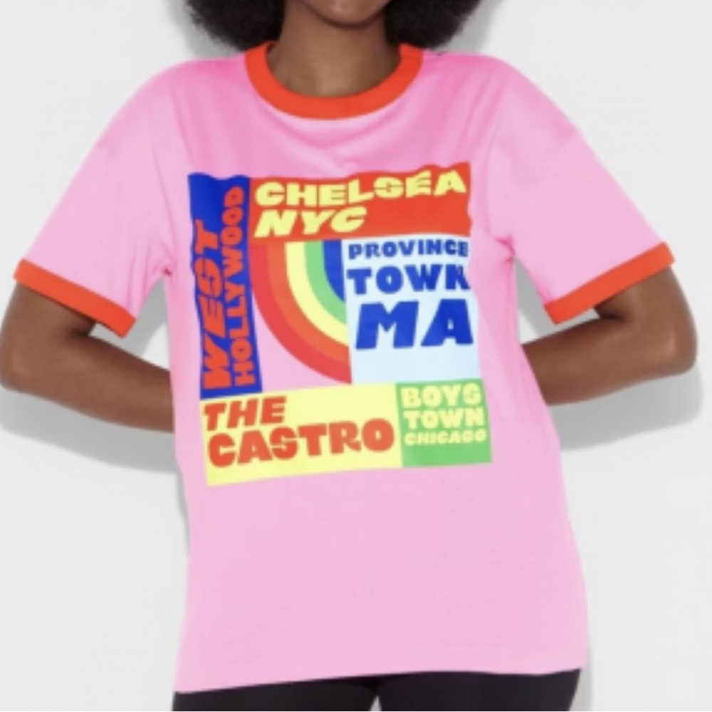 Target Pink Tee with Orange Trim and Multicolor Retro Block Graphic